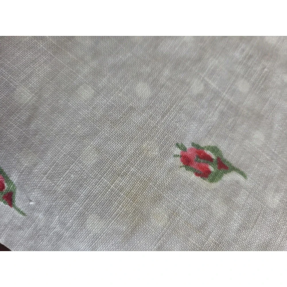 Vtg Floral Linen Tablecloth 46x46 Pink Red Cabbage Roses Polka Dot Small Stain